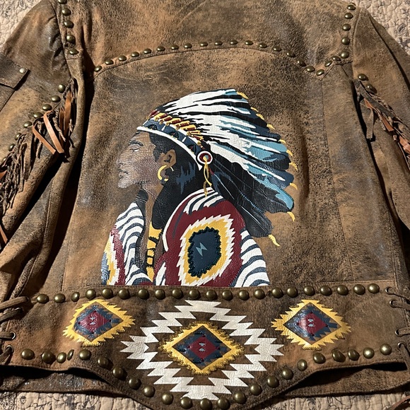 Double D Ranch Brown Leather Jacket with Native American Design - Picture 10 of 10